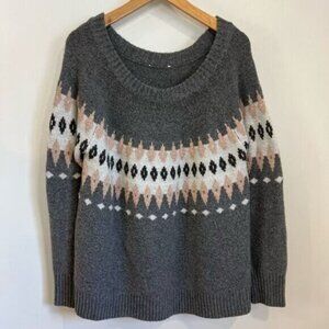 Tribal Jeans Womens Large Grey Pink Fair Isle Pullover Scoop Neck Sweater